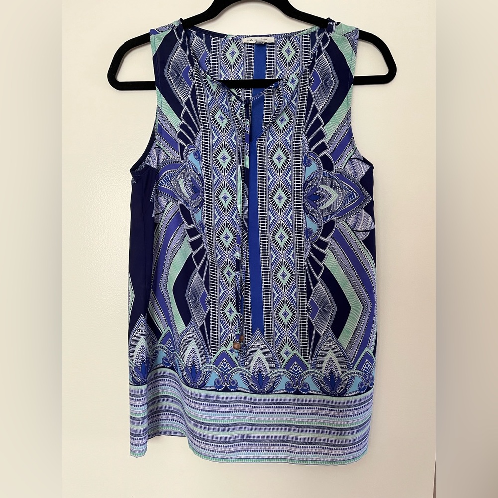 Rose & Rhyme Blue Geometric Print Sleeveless Top w/Front Tie - Size XS